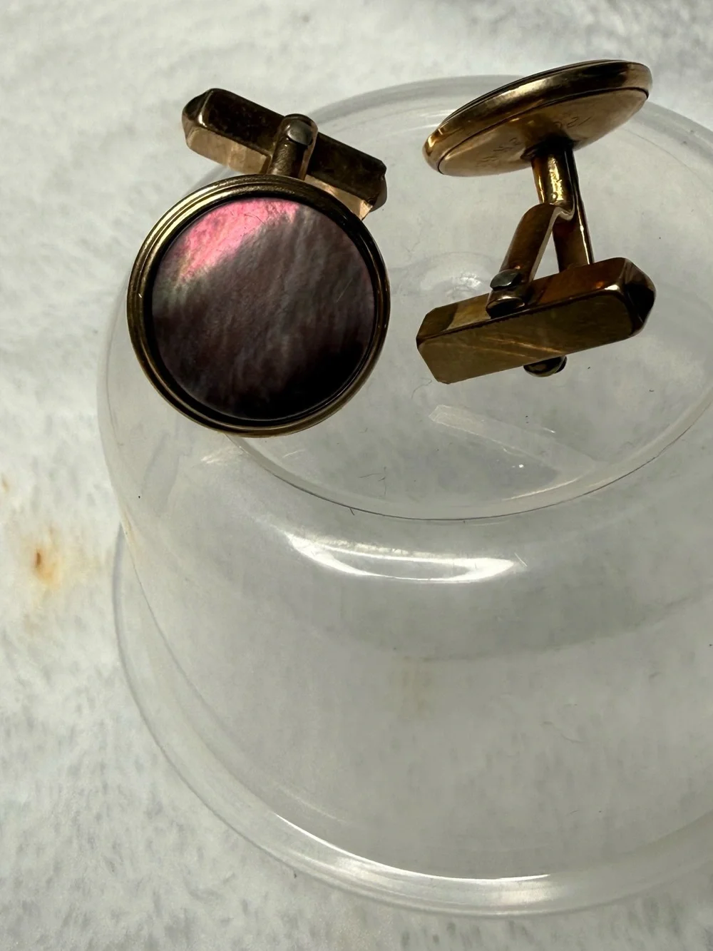 SWANK Gold-Tone Cufflinks with Black and Iridescent Pink-Gray Shell